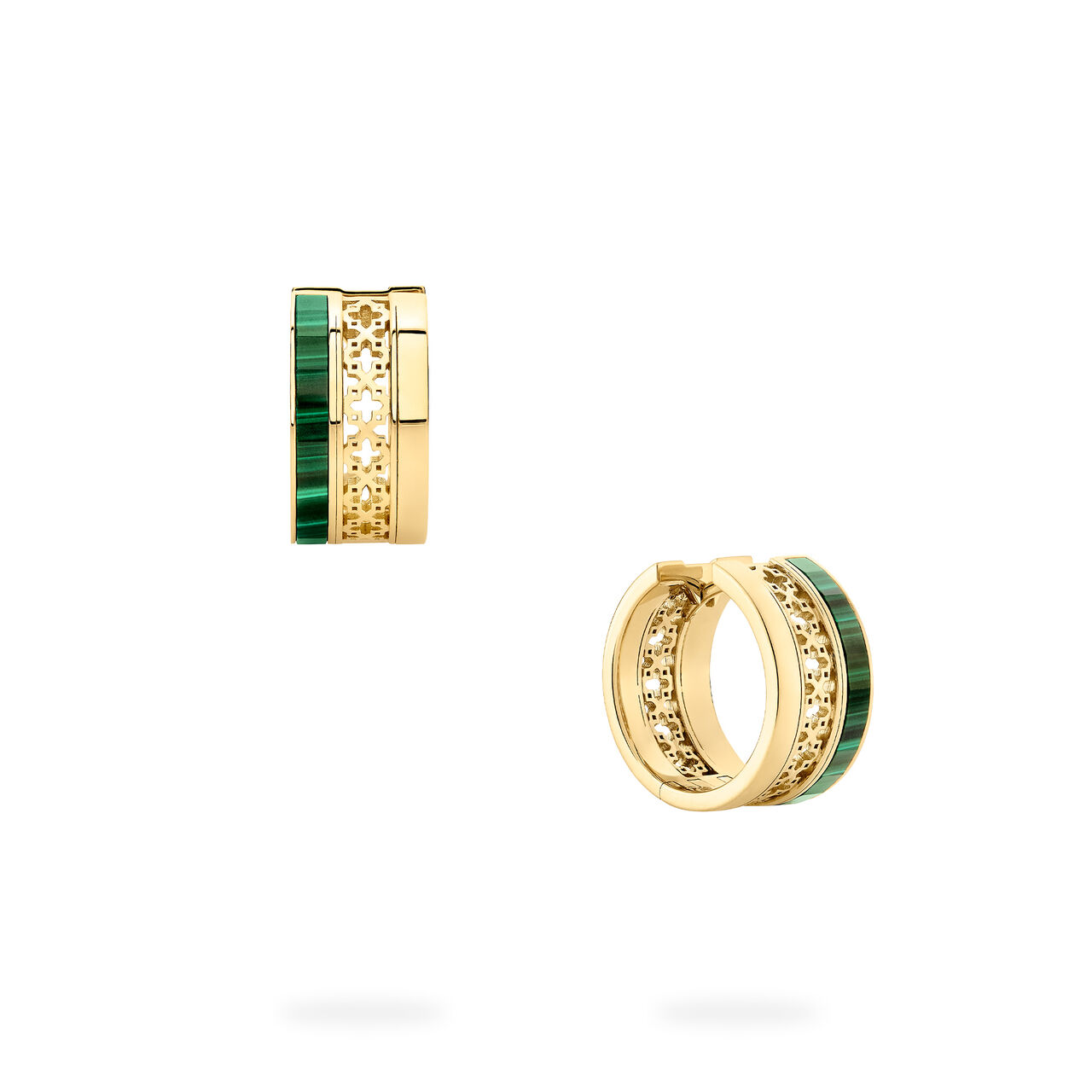 Birks Dare to Dream Malachite Huggie Earrings, Yellow Gold Angle image number 2